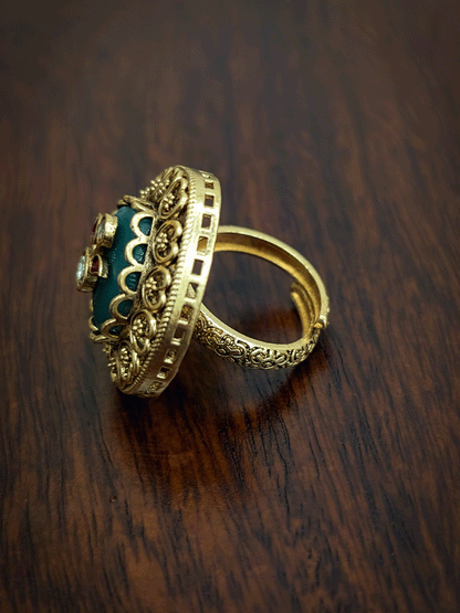Heart design outline coloured stone kundan inlay work adjustable ring