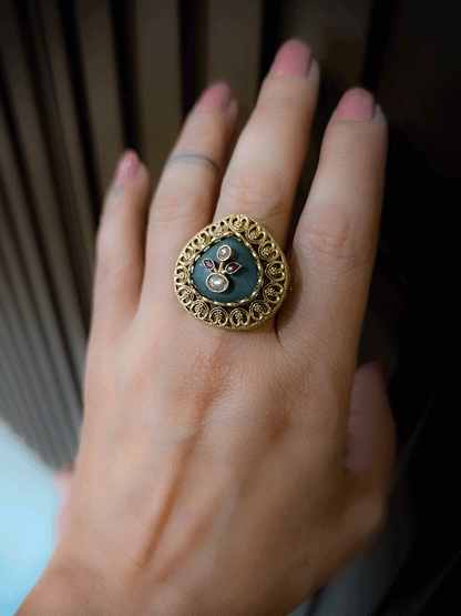 Heart design outline coloured stone kundan inlay work adjustable ring