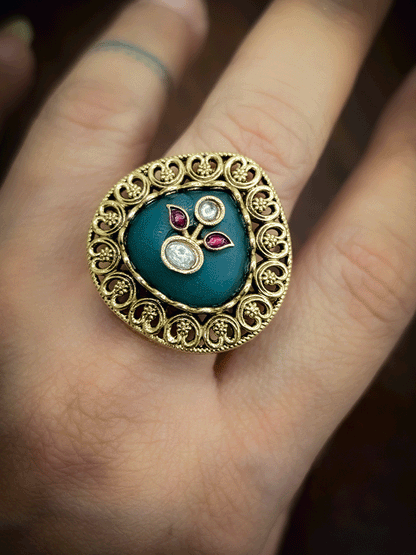 Heart design outline coloured stone kundan inlay work adjustable ring