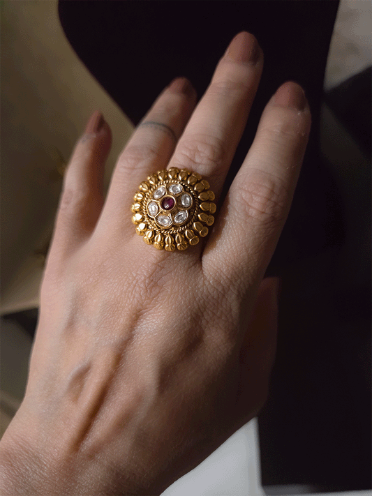 Ruby stone in kundan flower with leaf lace adjustable gold plated ring