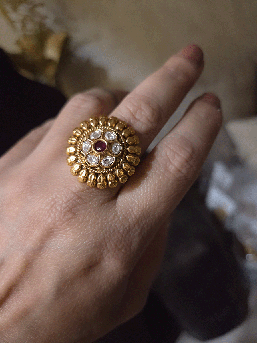 Ruby stone in kundan flower with leaf lace adjustable gold plated ring
