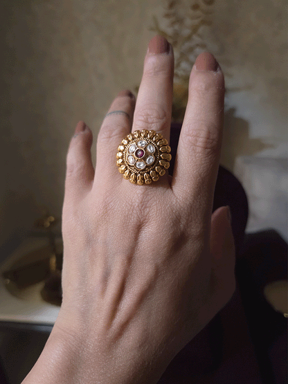 Ruby stone in kundan flower with leaf lace adjustable gold plated ring