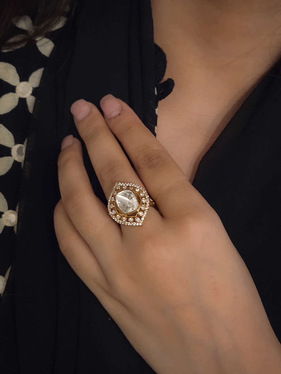 Leaf design AD outline adjustable moissanite ring