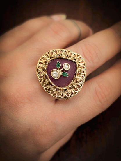 Heart design outline coloured stone kundan inlay work adjustable ring