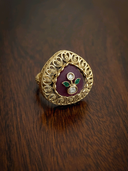 Heart design outline coloured stone kundan inlay work adjustable ring
