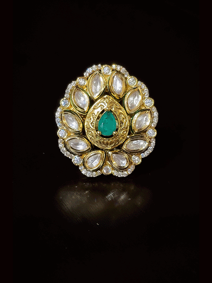 Tear drop stone in center self design kundan adjustable ring with zircon outline