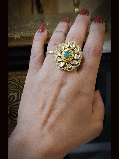 Tear drop stone in center self design kundan adjustable ring with zircon outline
