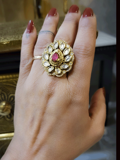 Tear drop stone in center self design kundan adjustable ring with zircon outline