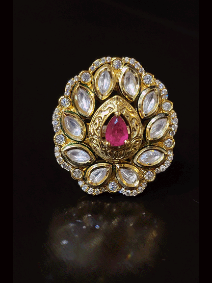 Tear drop stone in center self design kundan adjustable ring with zircon outline