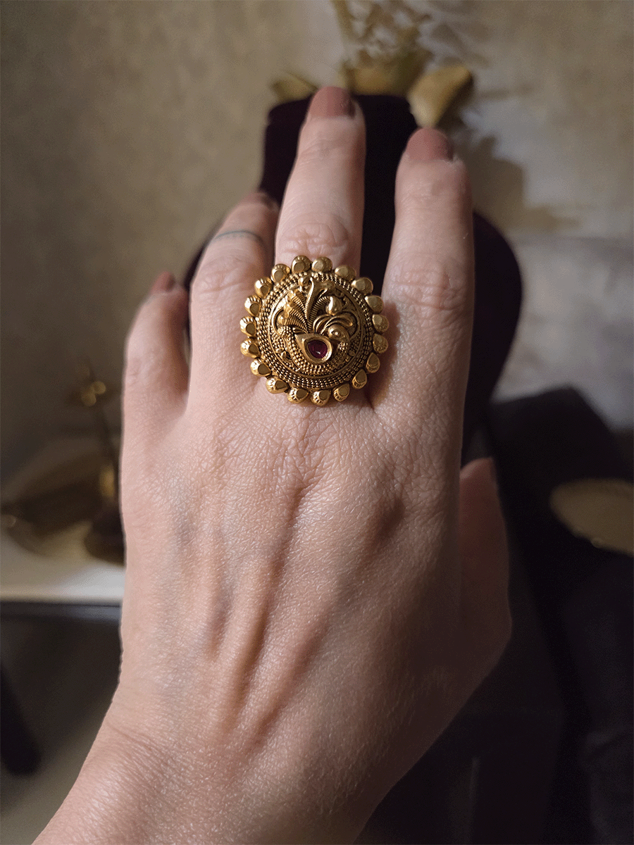 Peacock design with ruby stone adjustable ring and leaf lace design