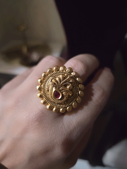 Peacock design with ruby stone adjustable ring and leaf lace design