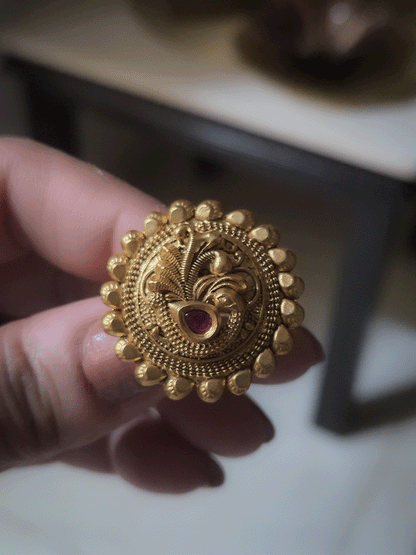 Peacock design with ruby stone adjustable ring and leaf lace design
