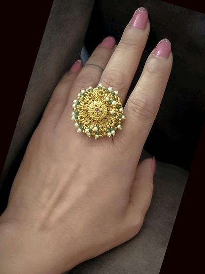 Flower design with ruby stone bead hangings adjustable ring