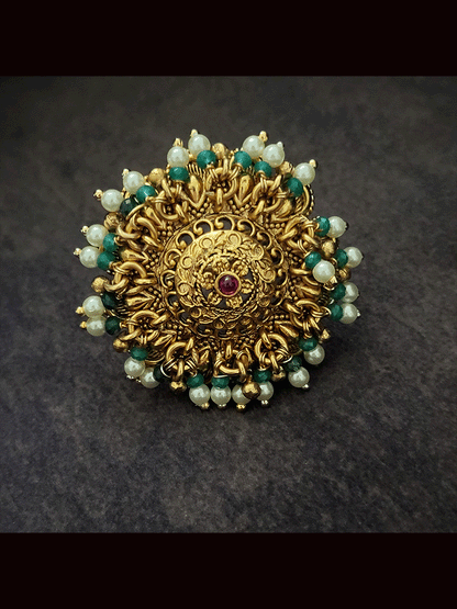 Flower design with ruby stone bead hangings adjustable ring