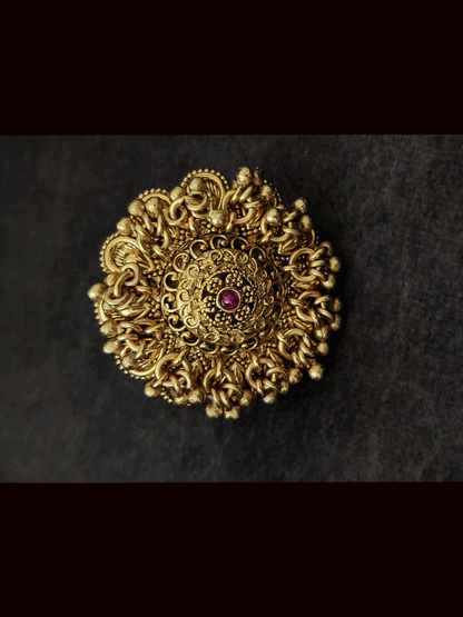 Flower design with ruby stone bead hangings adjustable ring