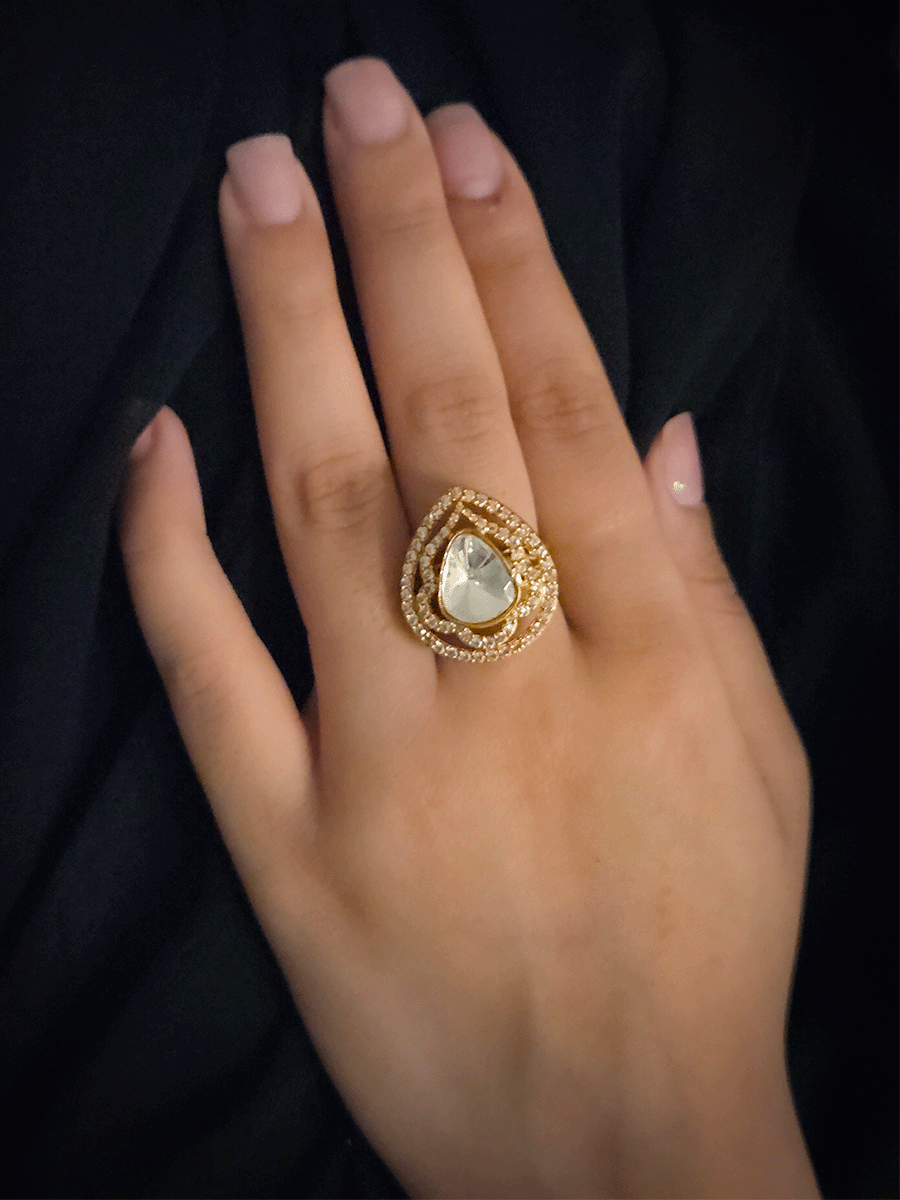 Triangular moissanite stone in leaf shaped AD outline adjustable ring