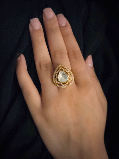 Triangular moissanite stone in leaf shaped AD outline adjustable ring