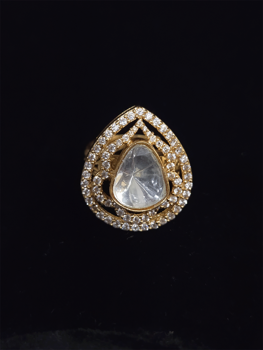 Triangular moissanite stone in leaf shaped AD outline adjustable ring