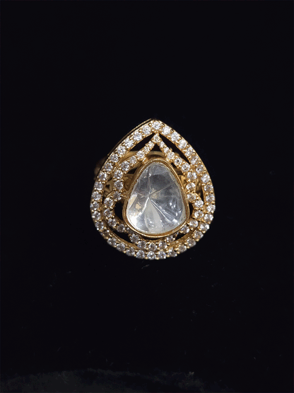 Triangular moissanite stone in leaf shaped AD outline adjustable ring