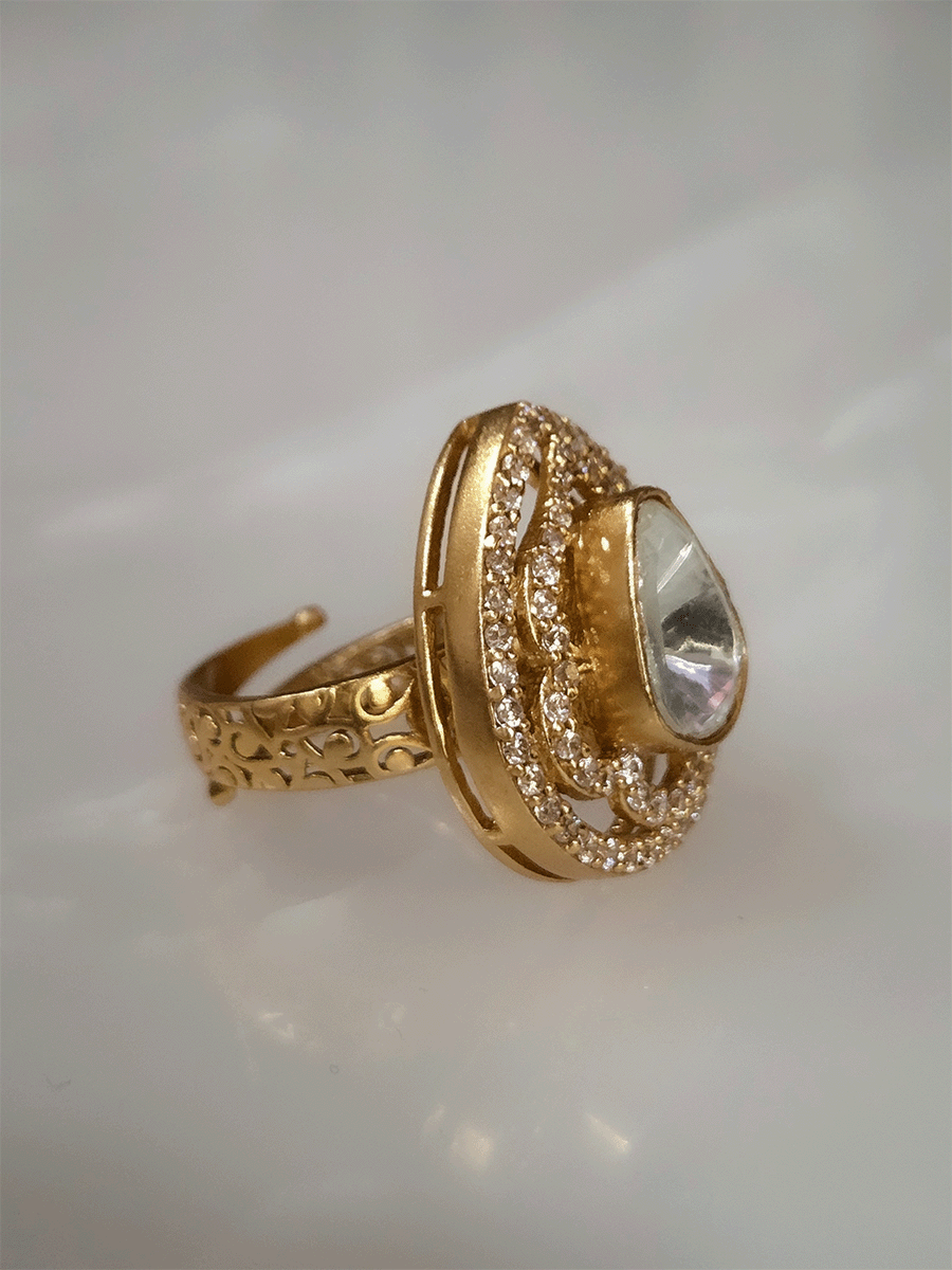 Triangular moissanite stone in leaf shaped AD outline adjustable ring