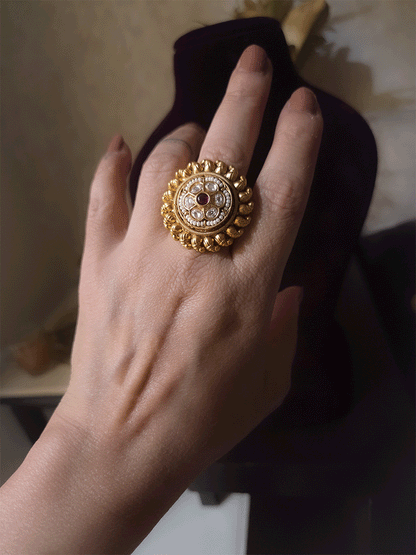 Paisley design lace with kundan flower ruby stone center adjustable ring