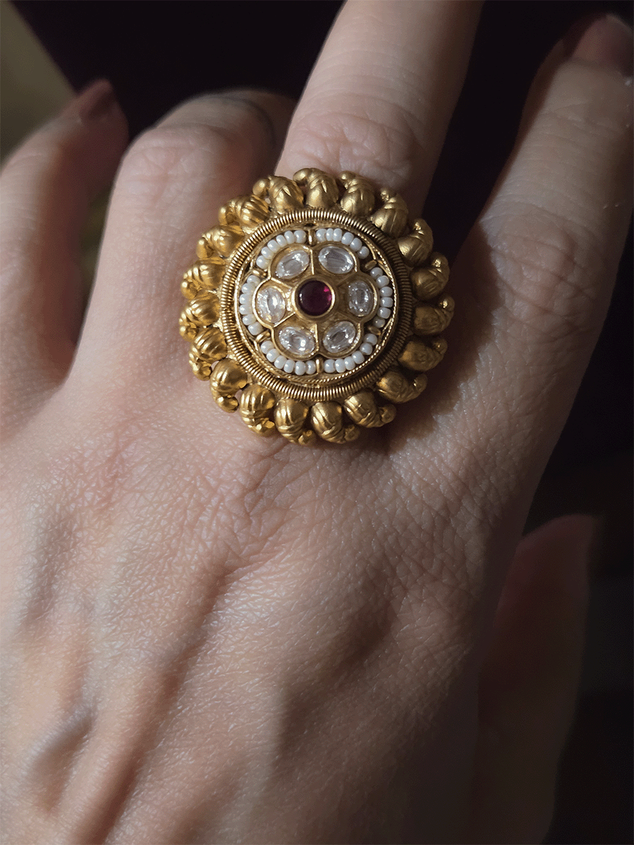 Paisley design lace with kundan flower ruby stone center adjustable ring