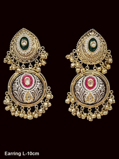 Leaf shaped top with kundan on stone dual finish ghunghru hanging earring(L-10cm)