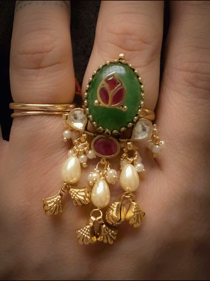 Red stone inlay work on jade stone adjustable ring with pearl and shell design gold bead tassels