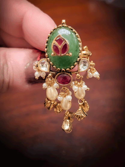 Red stone inlay work on jade stone adjustable ring with pearl and shell design gold bead tassels