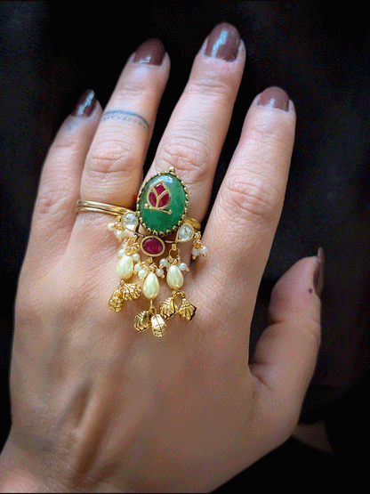 Red stone inlay work on jade stone adjustable ring with pearl and shell design gold bead tassels