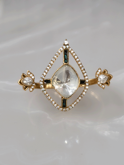 Rhombus moissanite stone AD outline with side flower design double finger ring