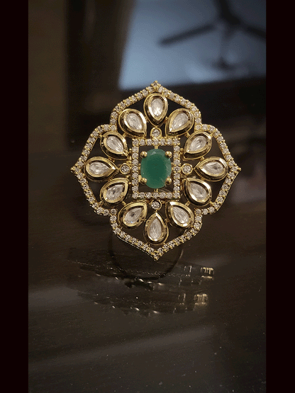 Oval center stone adjustable kundan ring with AD outline