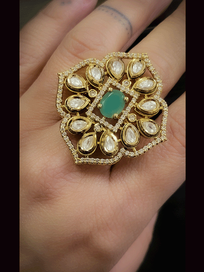 Oval center stone adjustable kundan ring with AD outline