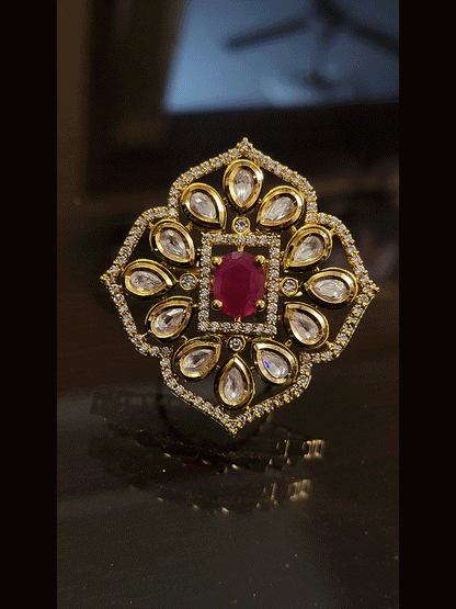 Oval center stone adjustable kundan ring with AD outline