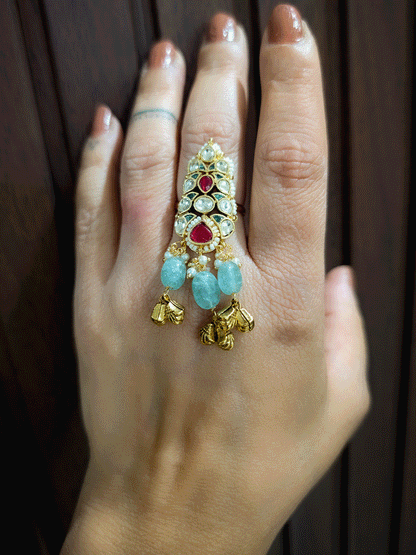 Paachi kundan pirohi work ruby and green stones studded adjustable ring with three aqua bead drops