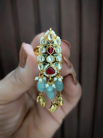 Paachi kundan pirohi work ruby and green stones studded adjustable ring with three aqua bead drops