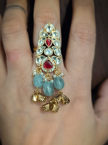 Paachi kundan pirohi work ruby and green stones studded adjustable ring with three aqua bead drops