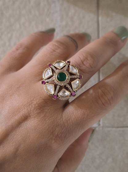 Zircon studded uncut polki ruby and green stone adjustable ring