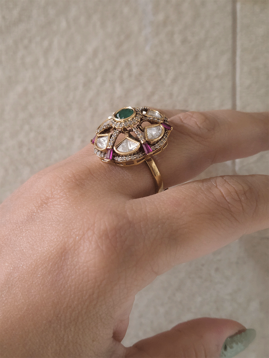 Zircon studded uncut polki ruby and green stone adjustable ring