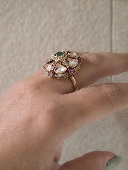 Zircon studded uncut polki ruby and green stone adjustable ring