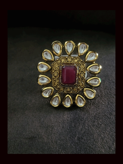 Rectangular stone antique gold finish kundan adjustable ring