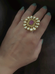 Rectangular stone antique gold finish kundan adjustable ring