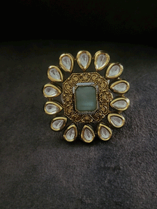 Rectangular stone antique gold finish kundan adjustable ring