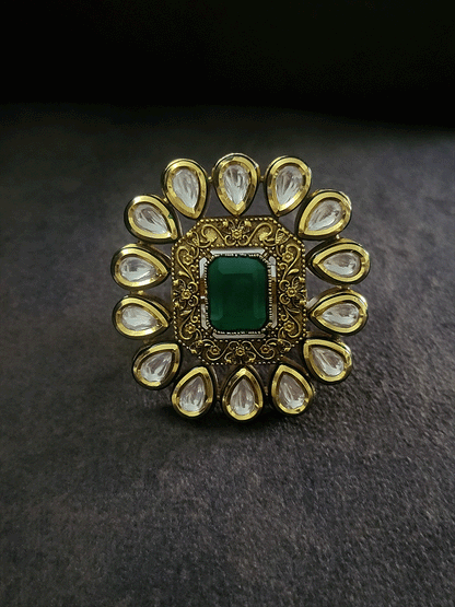Rectangular stone antique gold finish kundan adjustable ring