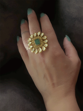 Rectangular stone antique gold finish kundan adjustable ring