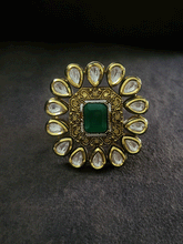 Load image into Gallery viewer, Rectangular stone antique gold finish kundan adjustable ring
