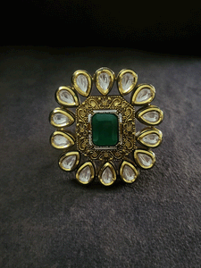 Rectangular stone antique gold finish kundan adjustable ring