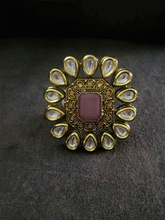 Load image into Gallery viewer, Rectangular stone antique gold finish kundan adjustable ring