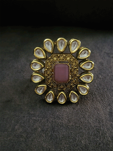 Rectangular stone antique gold finish kundan adjustable ring