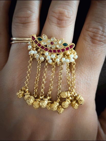 Chain ghunghru tassel pacchi kundan half moon shape adjustable ring